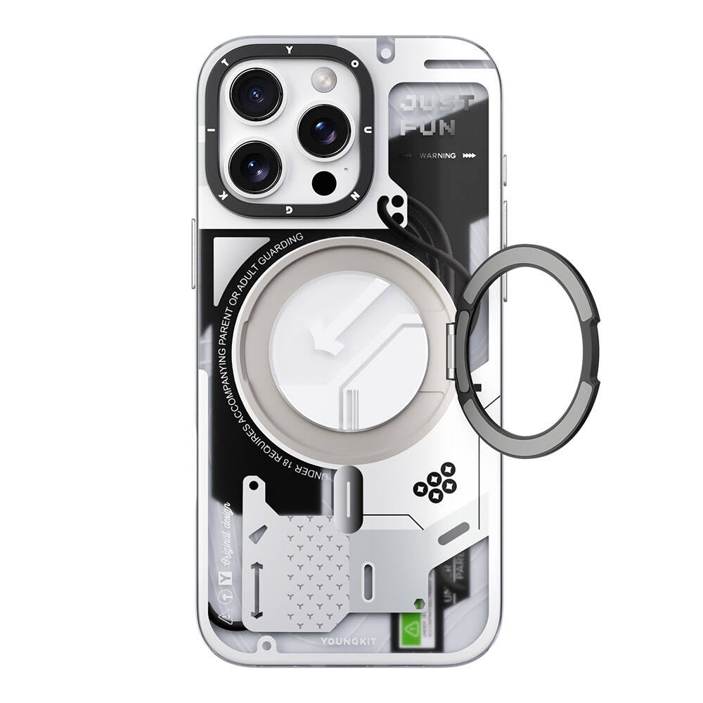 Apple iPhone 16 Pro Max Kılıf M-safe Şarj Özellikli Youngkit 360° Standlı Starship Serisi Kapak Beyaz