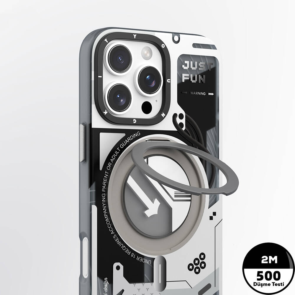 Apple iPhone 16 Pro Max Kılıf M-safe Şarj Özellikli Youngkit 360° Standlı Starship Serisi Kapak Beyaz