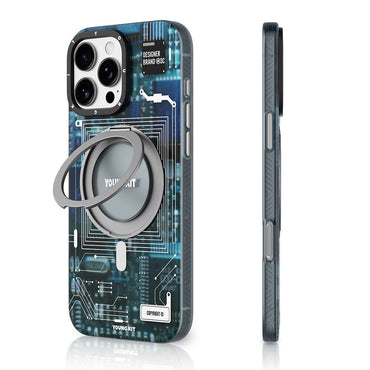 Apple iPhone 16 Pro Max Kılıf M-safe Şarj Özellikli Youngkit 360° Standlı Technology Serisi Kapak Gri