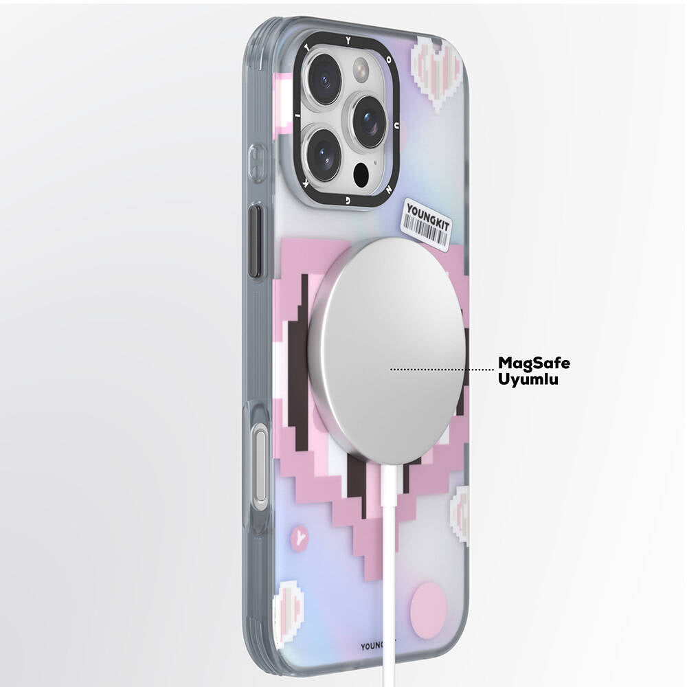 Apple iPhone 16 Pro Max Kılıf M-safe Şarj Özellikli Youngkit Love Serisi Kapak Pembe