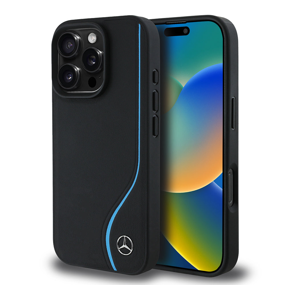 Apple iPhone 16 Pro Max Case Mercedes Benz Original Licensed M-Safe Charging Feature 3D Metal Logo Blue Vertical Curved Stripe Leather Cover Black