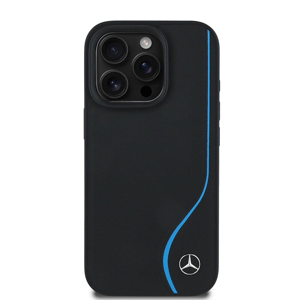 Apple iPhone 16 Pro Max Case Mercedes Benz Original Licensed M-Safe Charging Feature 3D Metal Logo Blue Vertical Curved Stripe Leather Cover Black