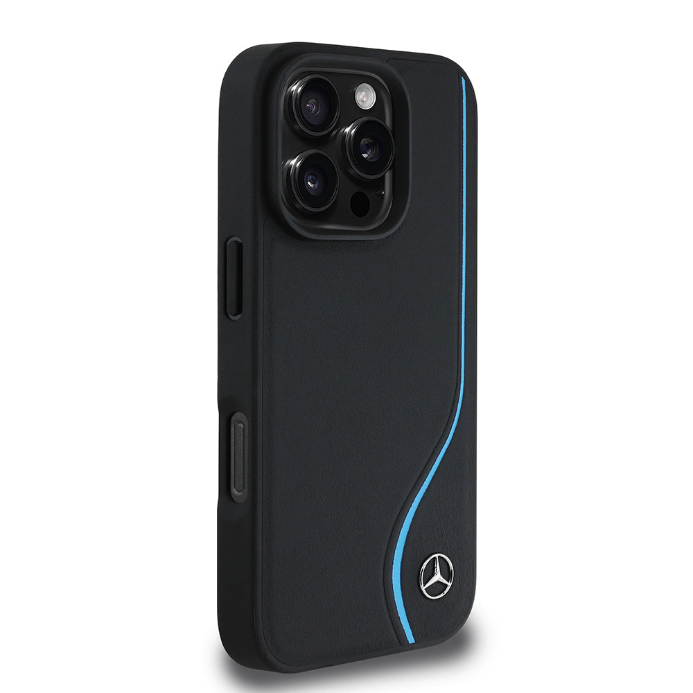 Apple iPhone 16 Pro Max Case Mercedes Benz Original Licensed M-Safe Charging Feature 3D Metal Logo Blue Vertical Curved Stripe Leather Cover Black