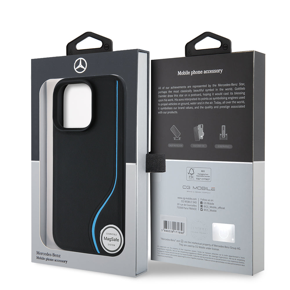 Apple iPhone 16 Pro Max Case Mercedes Benz Original Licensed M-Safe Charging Feature 3D Metal Logo Blue Vertical Curved Stripe Leather Cover Black