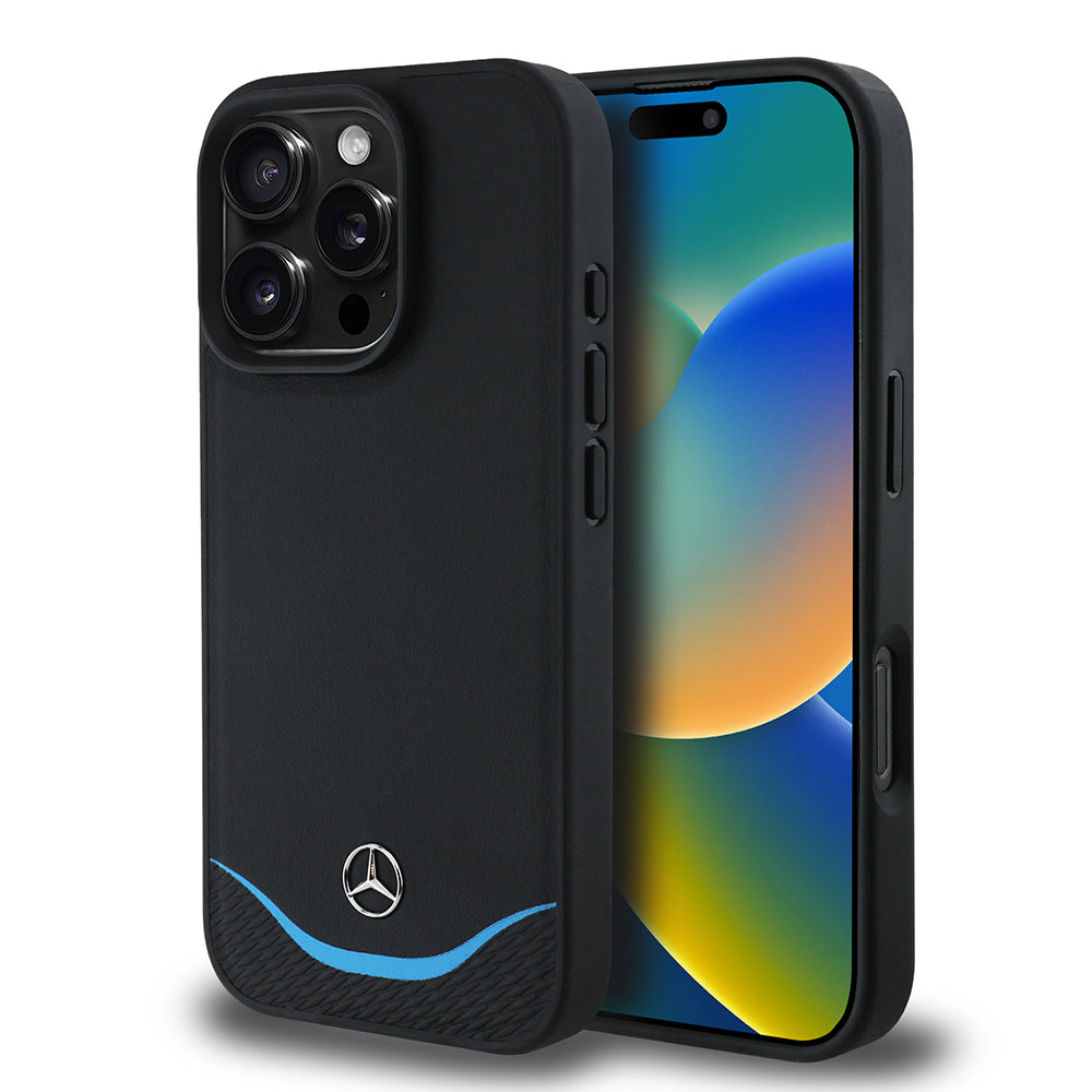 Apple iPhone 16 Pro Max Kılıf Mercedes Benz Orjinal Lisanslı M-safe Şarj Özellikli 3D Metal Logolu Mavi Yatay Eğri Çizgili Deri Kapak Siyah