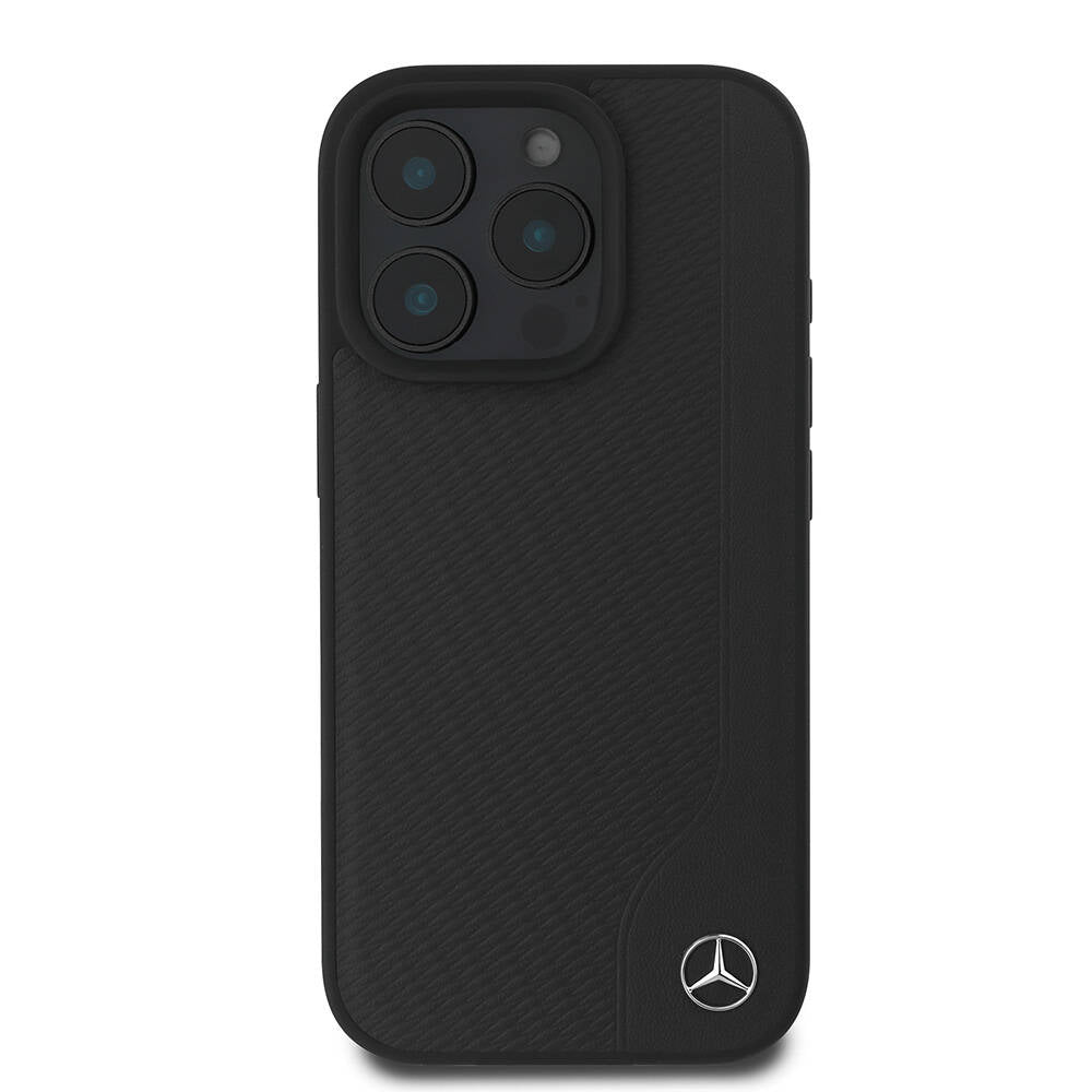 Apple iPhone 16 Pro Max Case Mercedes Benz Original Licensed M-Safe Charging Feature 3D Metal Logo Wood Imitation Leather Cover Black
