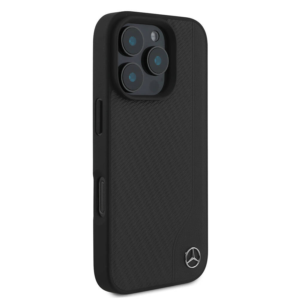 Apple iPhone 16 Pro Max Case Mercedes Benz Original Licensed M-Safe Charging Feature 3D Metal Logo Wood Imitation Leather Cover Black