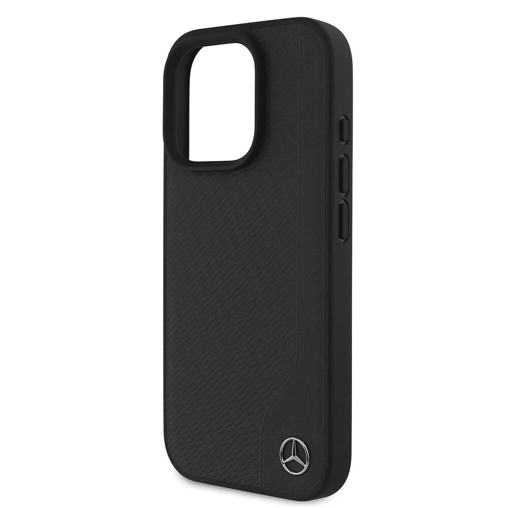 Apple iPhone 16 Pro Max Case Mercedes Benz Original Licensed M-Safe Charging Feature 3D Metal Logo Wood Imitation Leather Cover Black