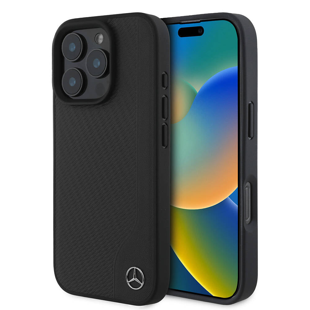 Apple iPhone 16 Pro Max Case Mercedes Benz Original Licensed M-Safe Charging Feature 3D Metal Logo Wood Imitation Leather Cover Black