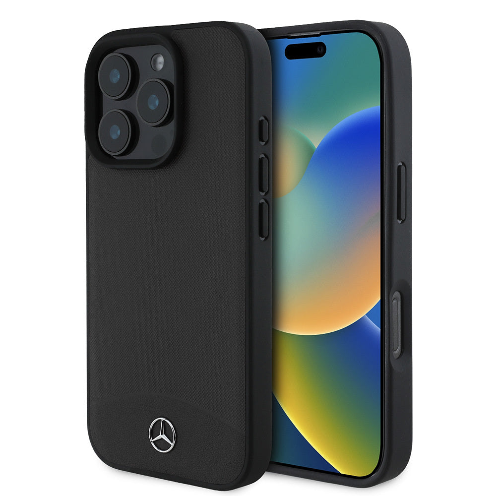 Apple iPhone 16 Pro Max Case Mercedes Benz Original Licensed M-Safe Charging Feature Textured and Plain Leather Cover Black