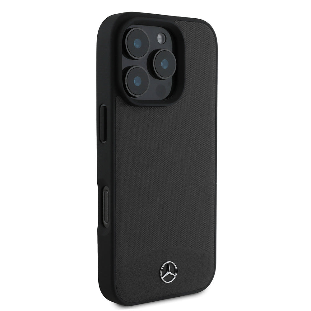 Apple iPhone 16 Pro Max Case Mercedes Benz Original Licensed M-Safe Charging Feature Textured and Plain Leather Cover Black