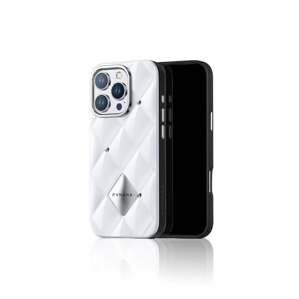 Apple iPhone 16 Pro Max Kılıf Parlak Arka Yüzeyli Kabartma Tasarımlı Kapitone Pynana Metal Diamond Serisi Kapak Beyaz