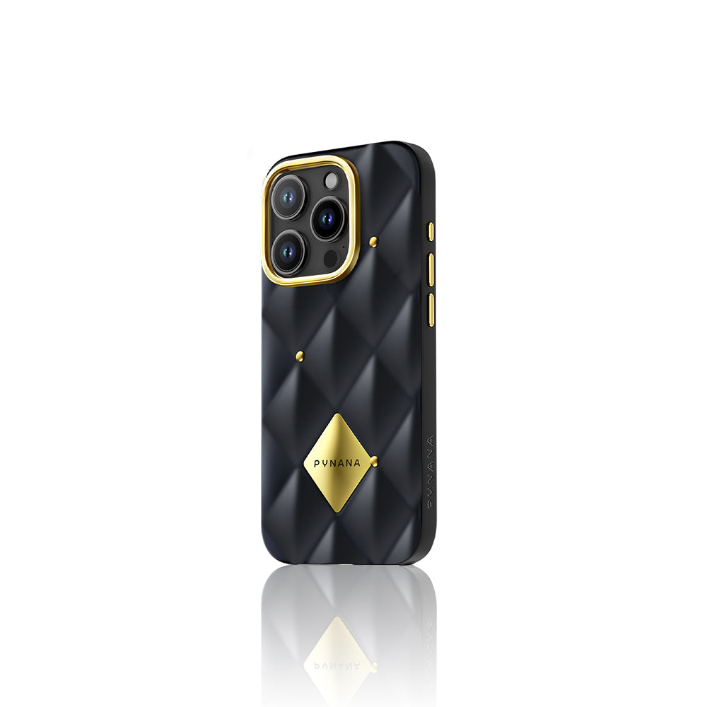 Apple iPhone 16 Pro Max Kılıf Parlak Arka Yüzeyli Kabartma Tasarımlı Kapitone Pynana Metal Diamond Serisi Kapak Siyah