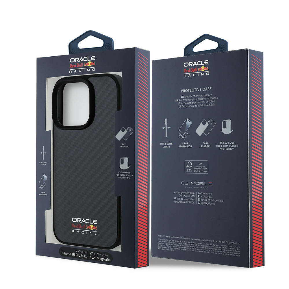 Apple iPhone 16 Pro Max Case Redbull Original Licensed M-safe Charging Feature Carbon Fiber Design Shining Logo Cover Black