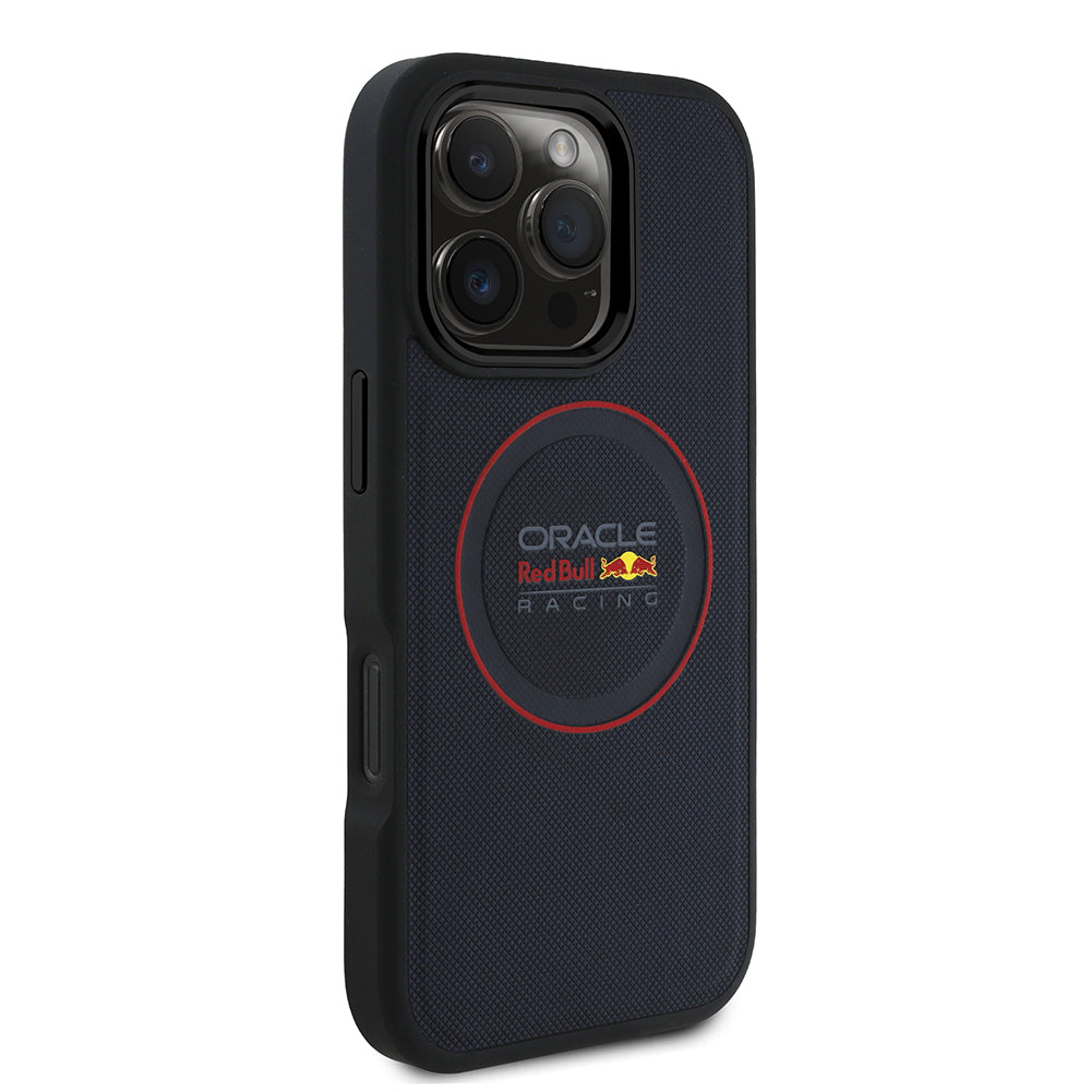Apple iPhone 16 Pro Max Kılıf Redbull Orjinal Lisanslı M-safe Şarj Özellikli Kırmızı Halka ve Logo Kabartmalı PU Deri Kapak Lacivert