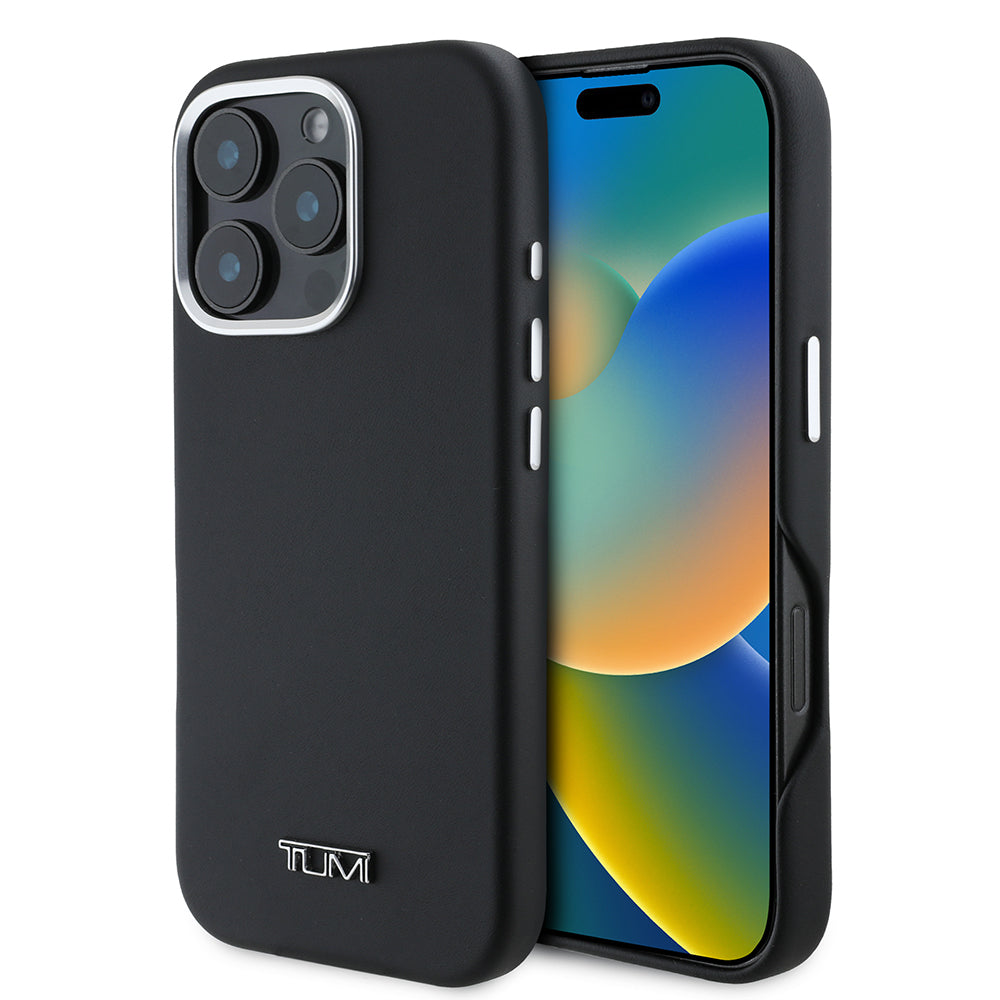 Apple iPhone 16 Pro Max Case TUMI Original Licensed M-Safe Charging Feature Metal Font Logo PU Leather Cover Black