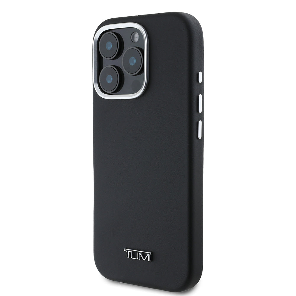 Apple iPhone 16 Pro Max Case TUMI Original Licensed M-Safe Charging Feature Metal Font Logo PU Leather Cover Black