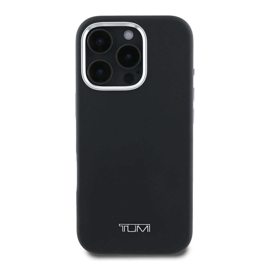 Apple iPhone 16 Pro Max Case TUMI Original Licensed M-Safe Charging Feature Metal Font Logo PU Leather Cover Black