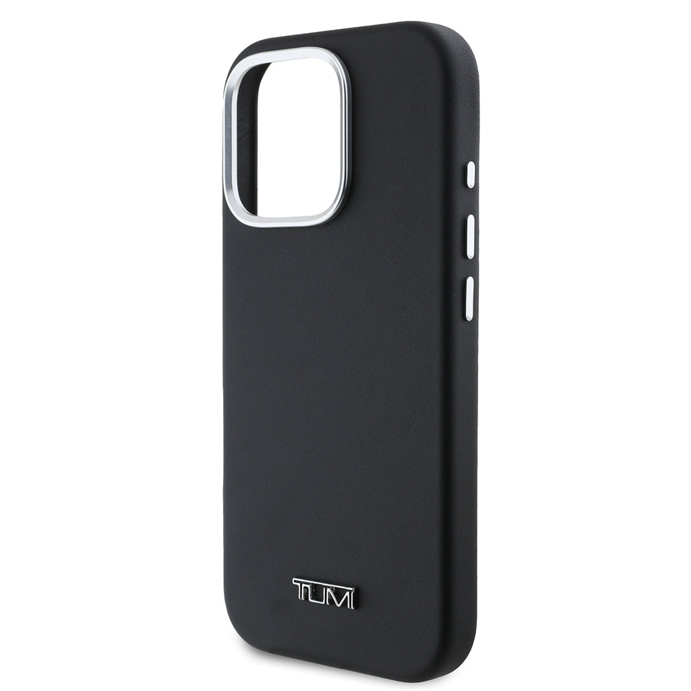 Apple iPhone 16 Pro Max Case TUMI Original Licensed M-Safe Charging Feature Metal Font Logo PU Leather Cover Black
