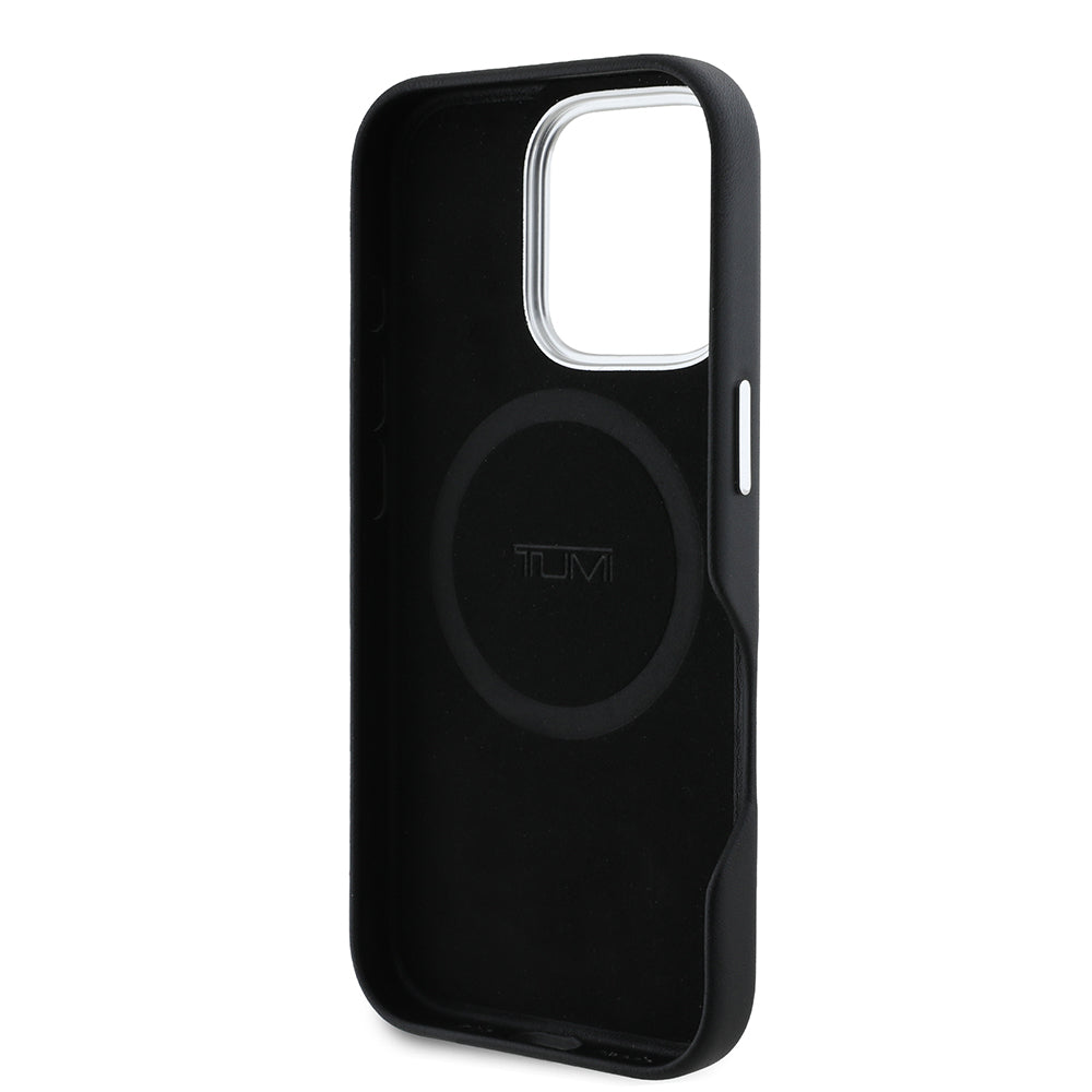 Apple iPhone 16 Pro Max Case TUMI Original Licensed M-Safe Charging Feature Metal Font Logo PU Leather Cover Black