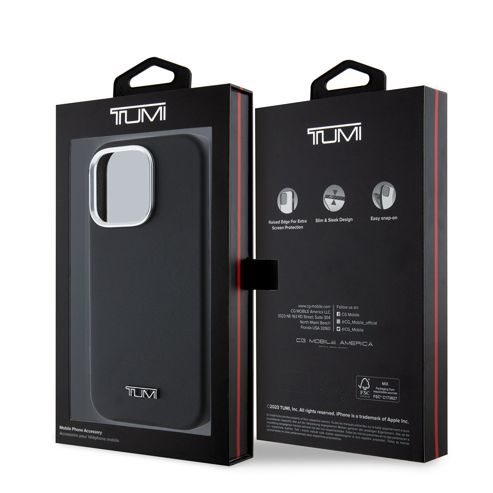 Apple iPhone 16 Pro Max Case TUMI Original Licensed M-Safe Charging Feature Metal Font Logo PU Leather Cover Black
