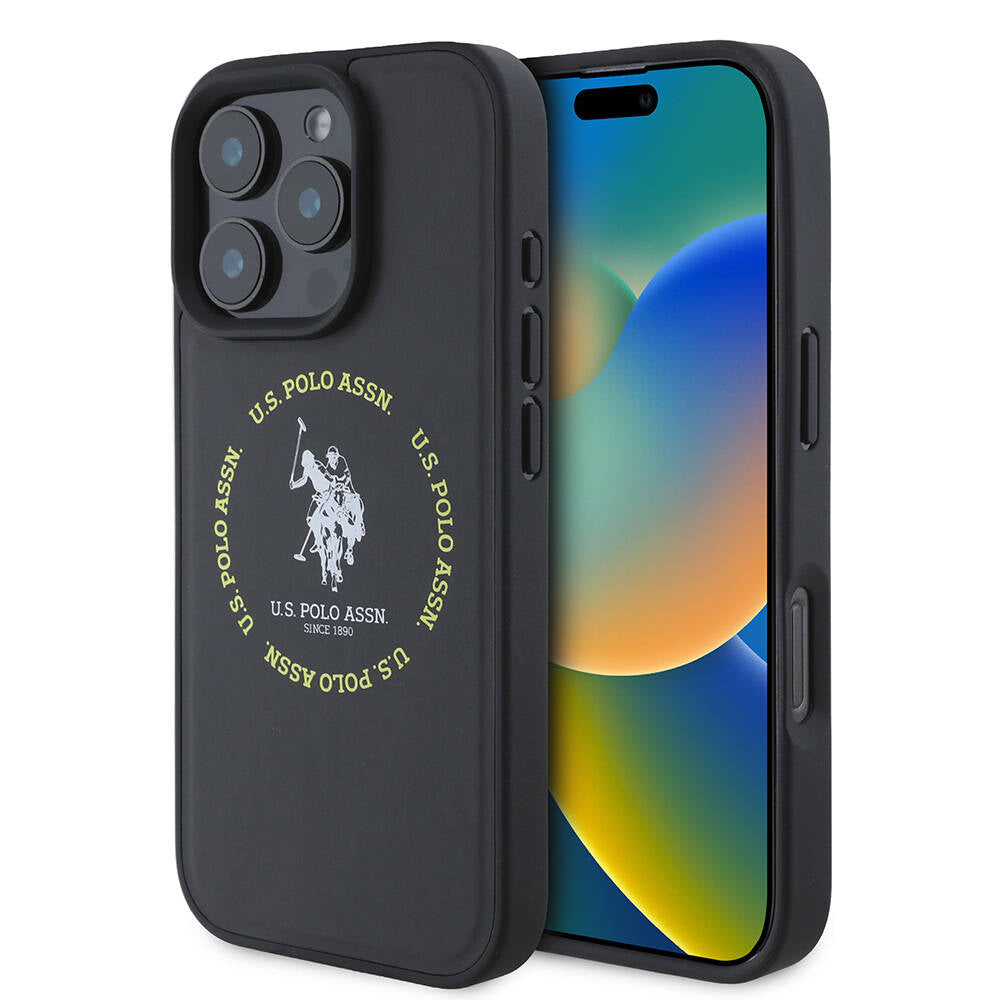 Apple iPhone 16 Pro Max Case US Polo Assn. Original Licensed M-Safe Charging Feature Circle and Double Horse Logo Leather Cover Black