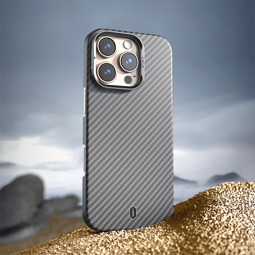 Apple iPhone 16 Pro Max Case Wiwu DCC-206 M-safe Charging Feature Camera Stand Aramid Fiber Design Kevlar Cover Black