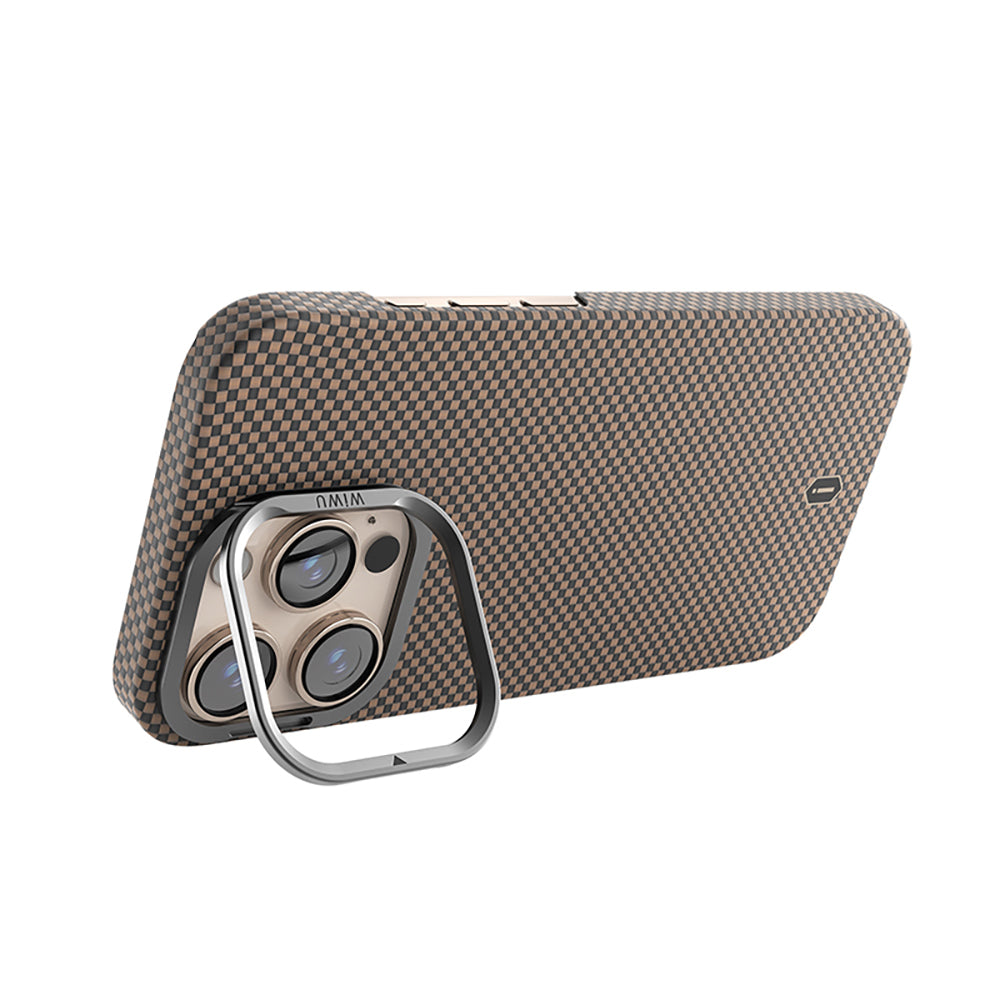 Apple iPhone 16 Pro Max Case Wiwu DCC-208 M-safe Charging Feature Camera Stand Aramid Fiber Design Kevlar Cover Gold