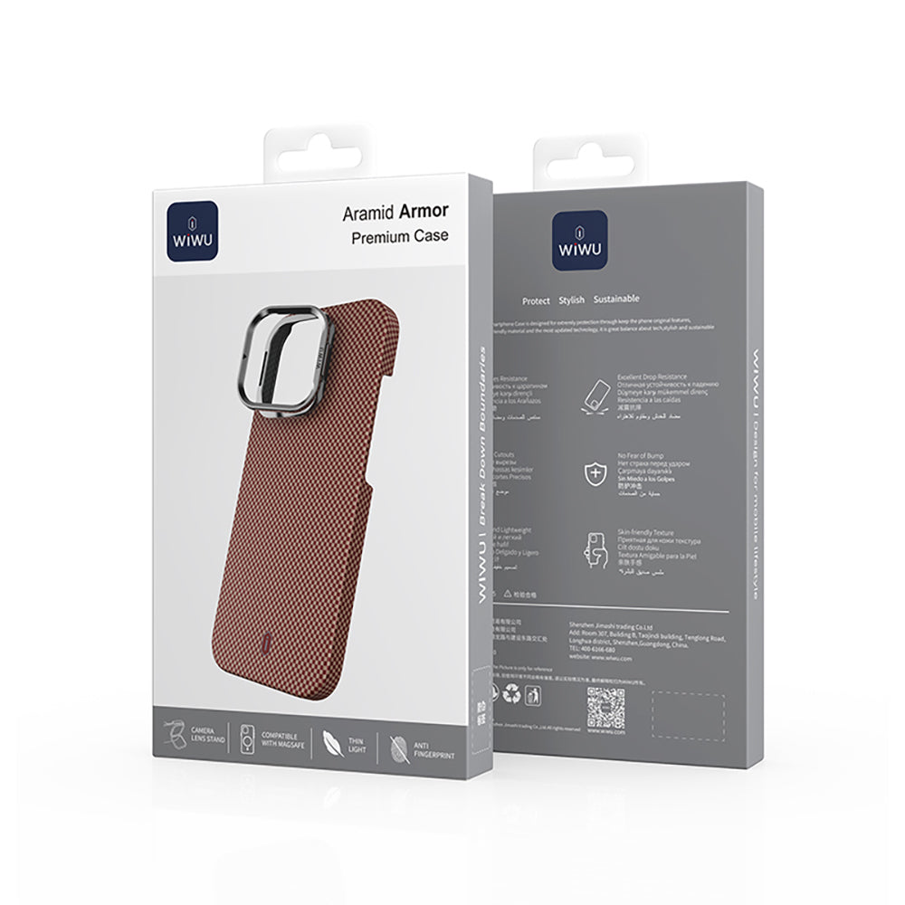 Apple iPhone 16 Pro Max Case Wiwu DCC-208 M-safe Charging Feature Camera Stand Aramid Fiber Design Kevlar Cover Red