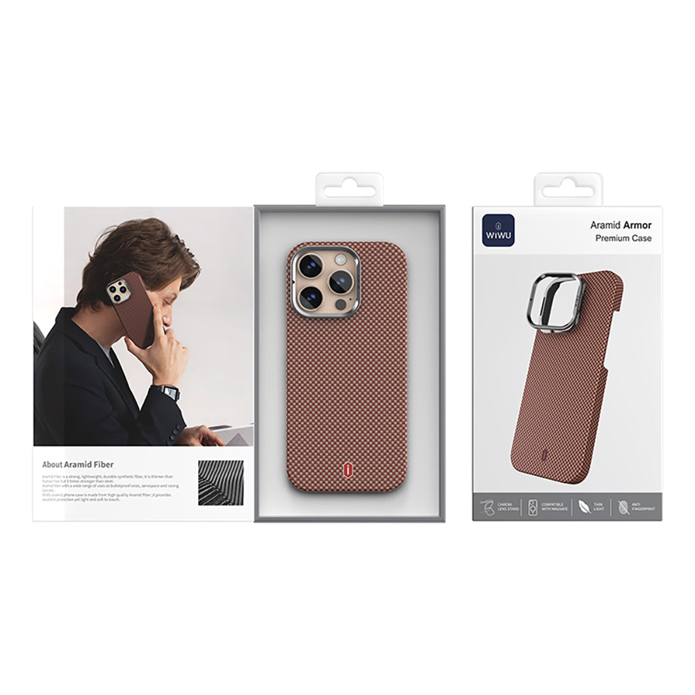 Apple iPhone 16 Pro Max Case Wiwu DCC-208 M-safe Charging Feature Camera Stand Aramid Fiber Design Kevlar Cover Red