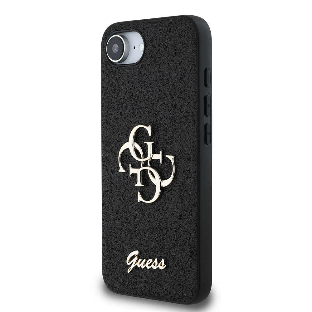 Apple iPhone 16E Case Guess Original Licensed 4G Large Metal Logo Glitter Cover Black