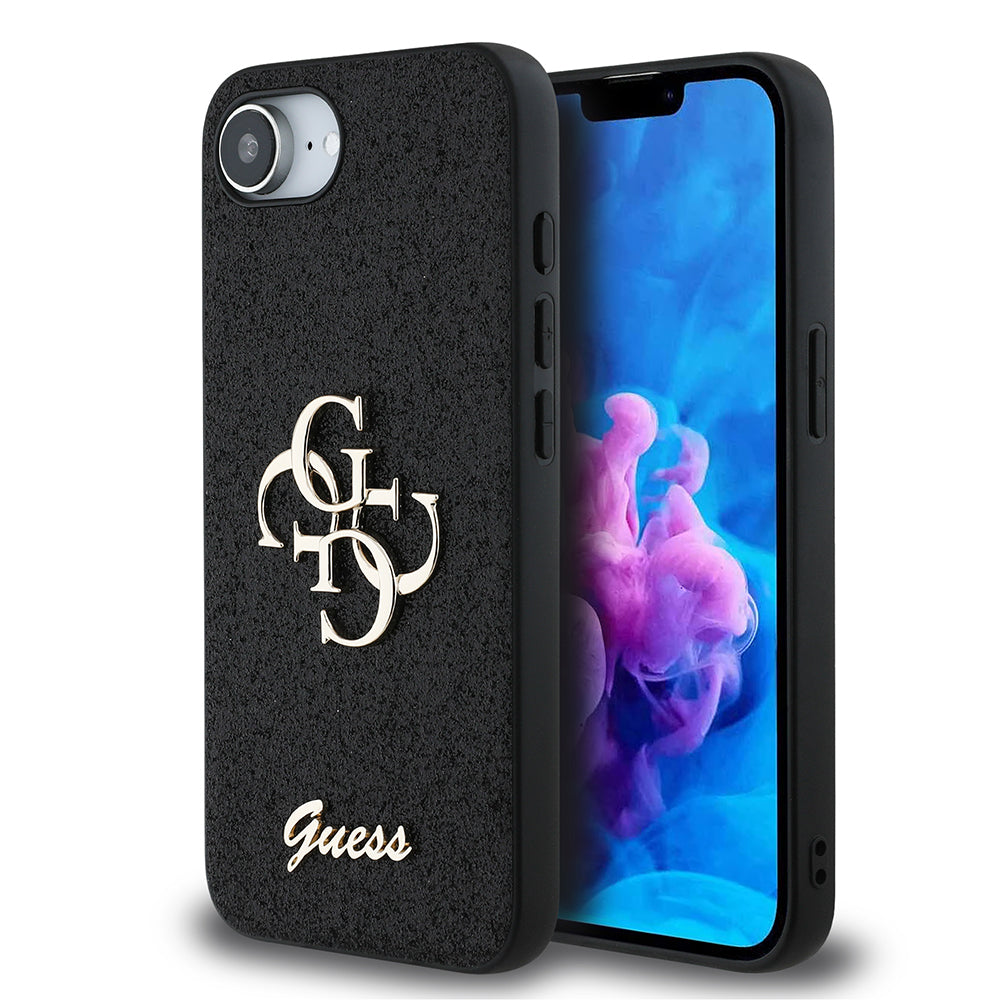Apple iPhone 16E Case Guess Original Licensed 4G Large Metal Logo Glitter Cover Black
