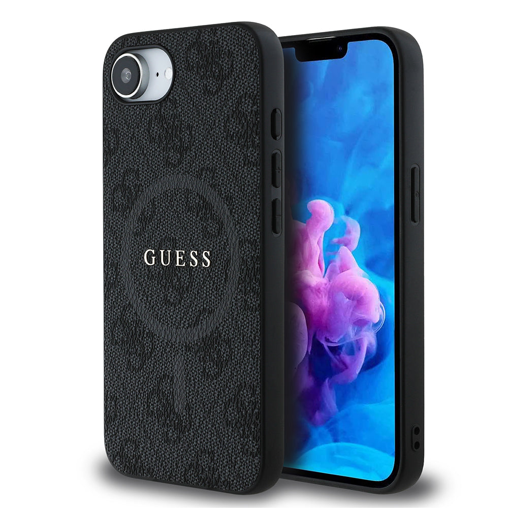 Apple iPhone 16E Kılıf Guess Orjinal Lisanslı M-safe Şarj Özellikli PU Halkalı 4G Desenli Yazı Logolu Kapak Kahverengi