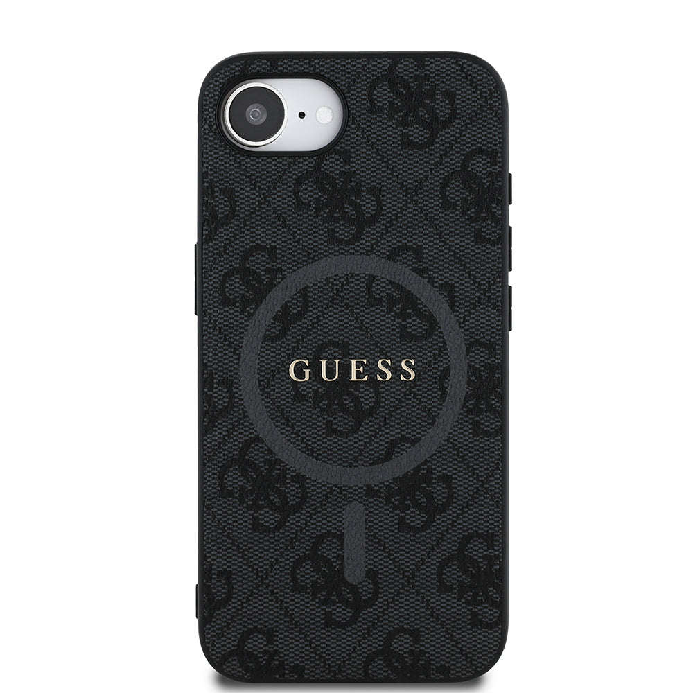Apple iPhone 16E Kılıf Guess Orjinal Lisanslı M-safe Şarj Özellikli PU Halkalı 4G Desenli Yazı Logolu Kapak Kahverengi
