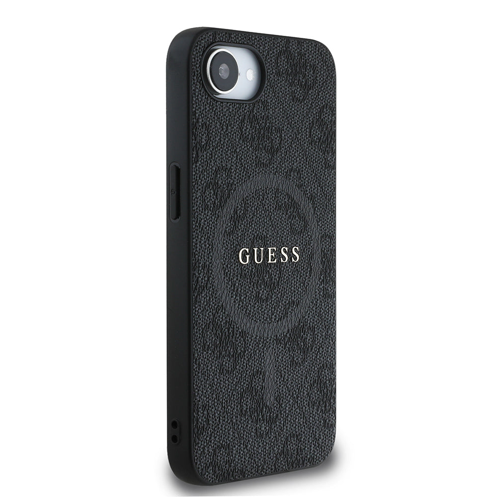 Apple iPhone 16E Kılıf Guess Orjinal Lisanslı M-safe Şarj Özellikli PU Halkalı 4G Desenli Yazı Logolu Kapak Siyah