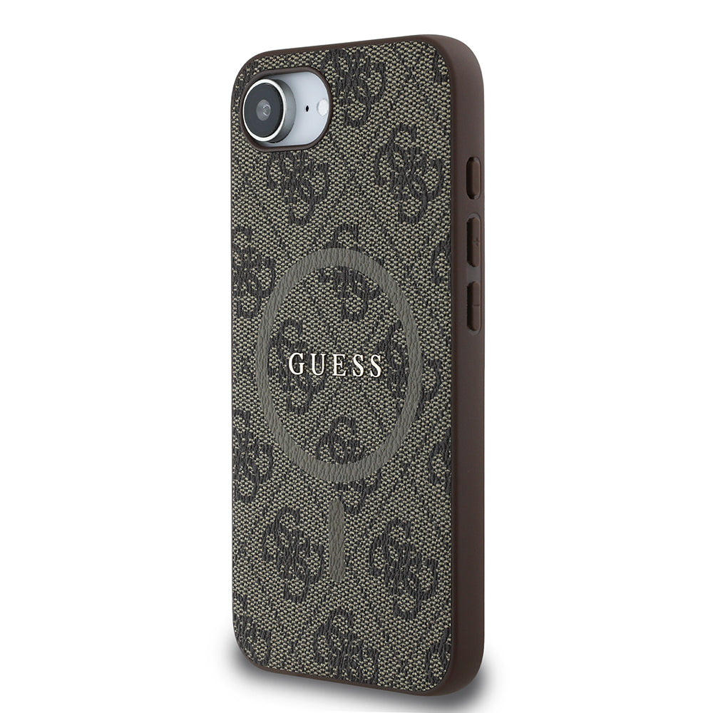 Apple iPhone 16E Case Guess Original Licensed M-safe Charging Feature PU Ring 4G Patterned Text Logo Cover Brown