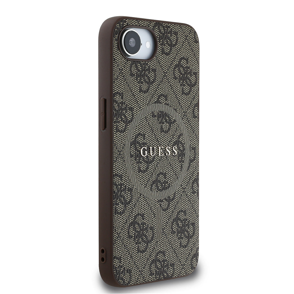 Apple iPhone 16E Case Guess Original Licensed M-safe Charging Feature PU Ring 4G Patterned Text Logo Cover Black