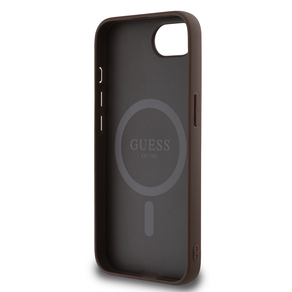 Apple iPhone 16E Kılıf Guess Orjinal Lisanslı M-safe Şarj Özellikli PU Üçgen Logo 4G Desenli Kapak Siyah