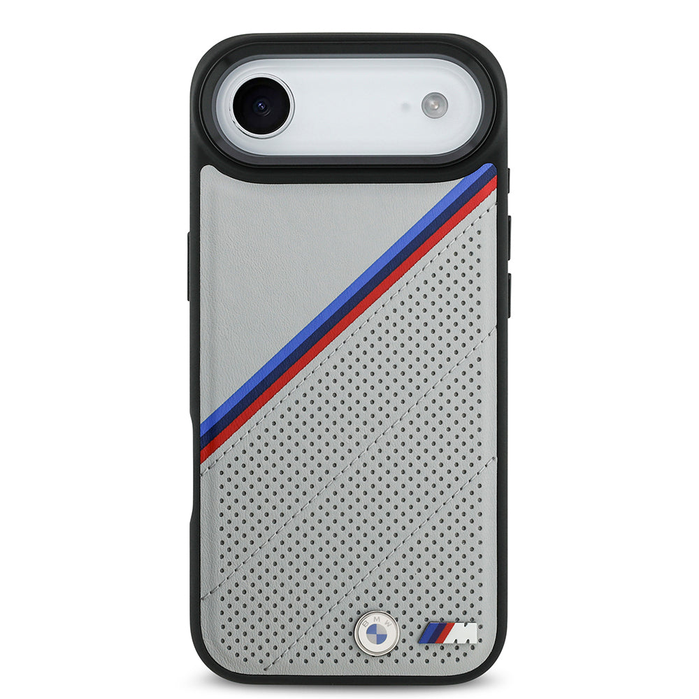 Apple iPhone 17 Air Case BMW Original Licensed M-Safe Charging Feature M Logo Three Stripe Perforated Leather Cover Gray