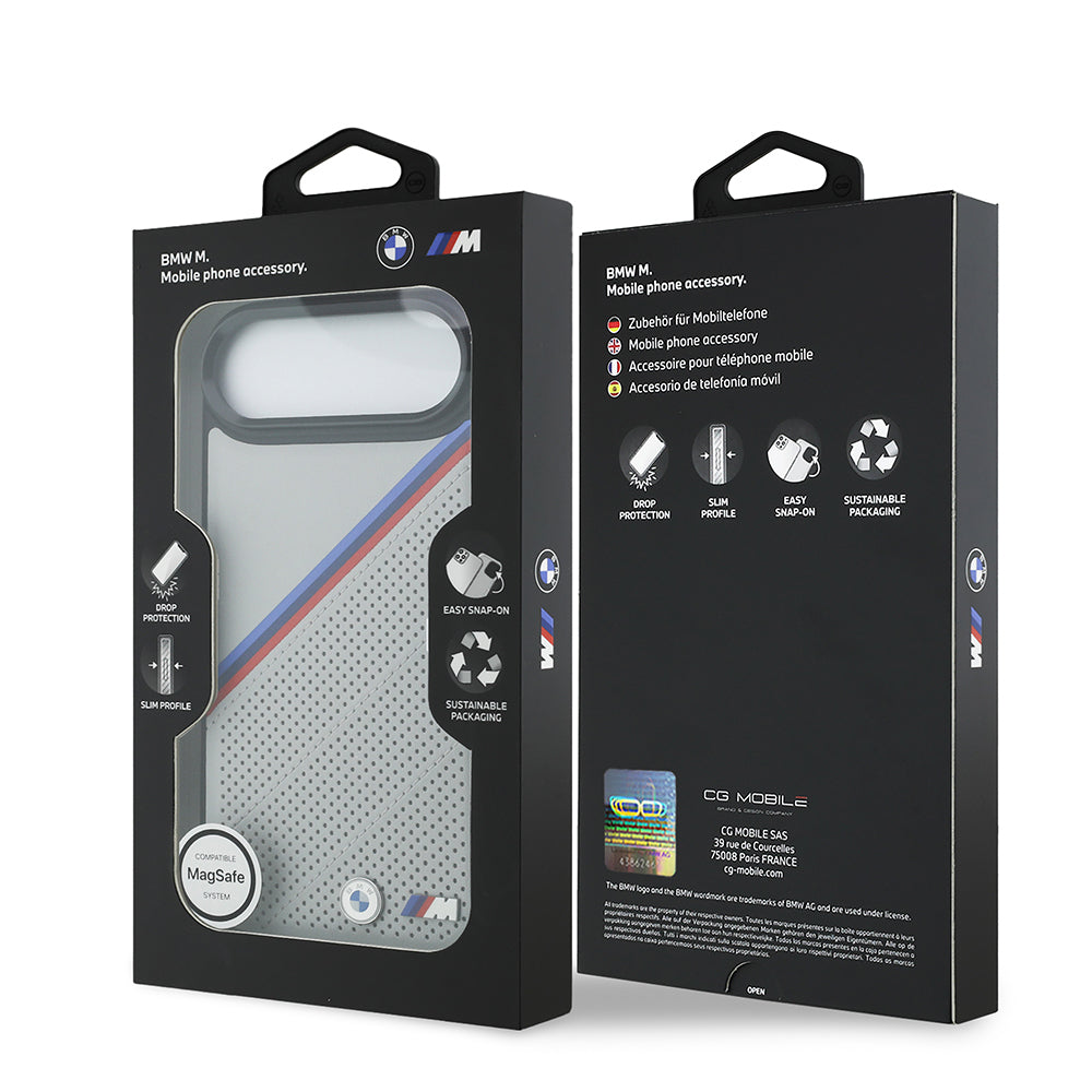 Apple iPhone 17 Air Case BMW Original Licensed M-Safe Charging Feature M Logo Three Stripe Perforated Leather Cover Gray