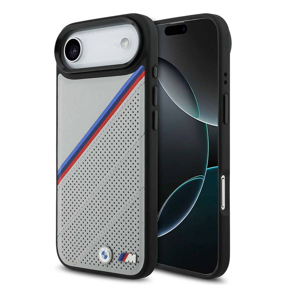 Apple iPhone 17 Air Case BMW Original Licensed M-Safe Charging Feature M Logo Three Stripe Perforated Leather Cover Gray