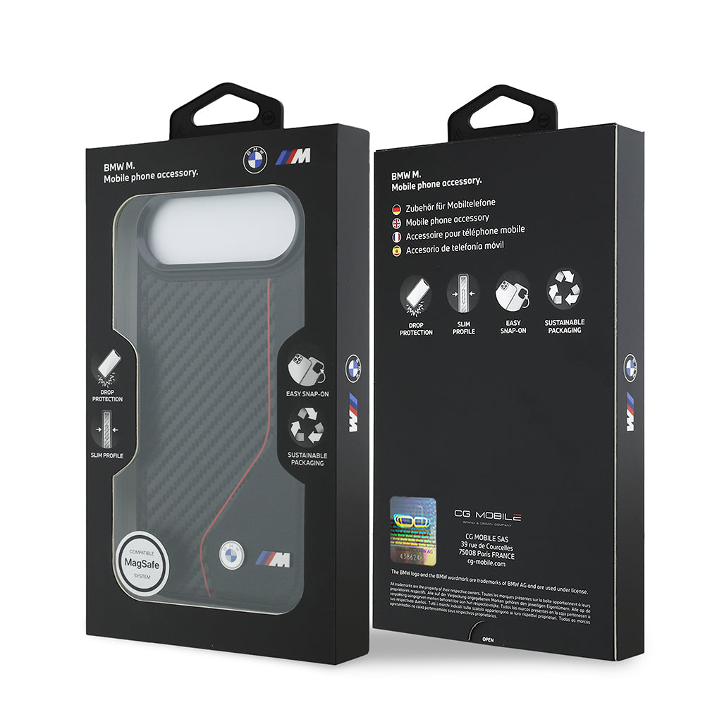 Apple iPhone 17 Air Kılıf BMW Orjinal Lisanslı M-safe Şarj Özellikli Metal BMW ve M Logolu PU Karbon Tasarımlı Kapak Kırmızı