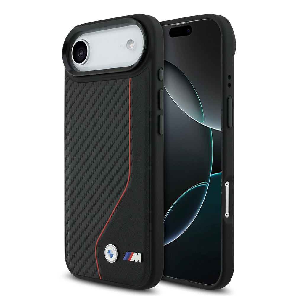 Apple iPhone 17 Air Kılıf BMW Orjinal Lisanslı M-safe Şarj Özellikli Metal BMW ve M Logolu PU Karbon Tasarımlı Kapak Kırmızı
