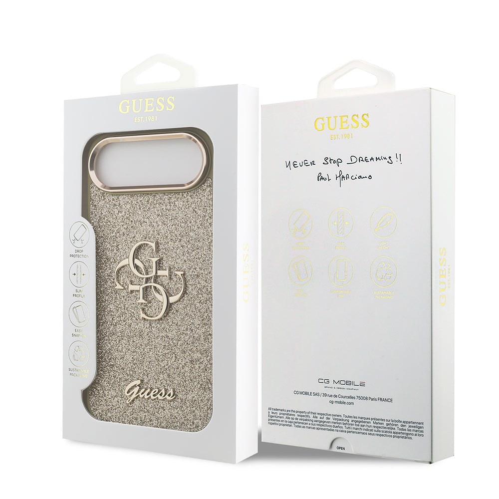 Apple iPhone 17 Air Case Guess Original Licensed 4G Large Metal Camera Frame and Logo Glitter Cover Gray
