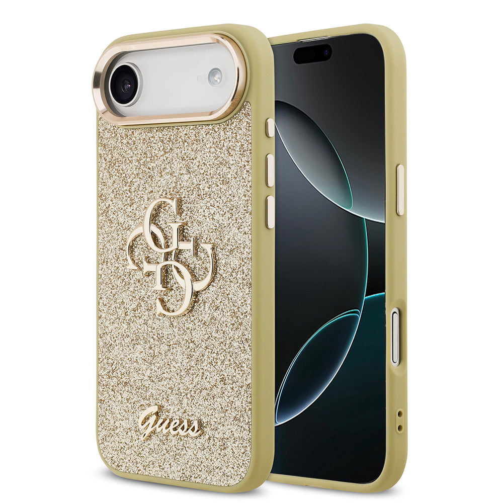 Apple iPhone 17 Air Case Guess Original Licensed 4G Large Metal Camera Frame and Logo Glitter Cover Gold