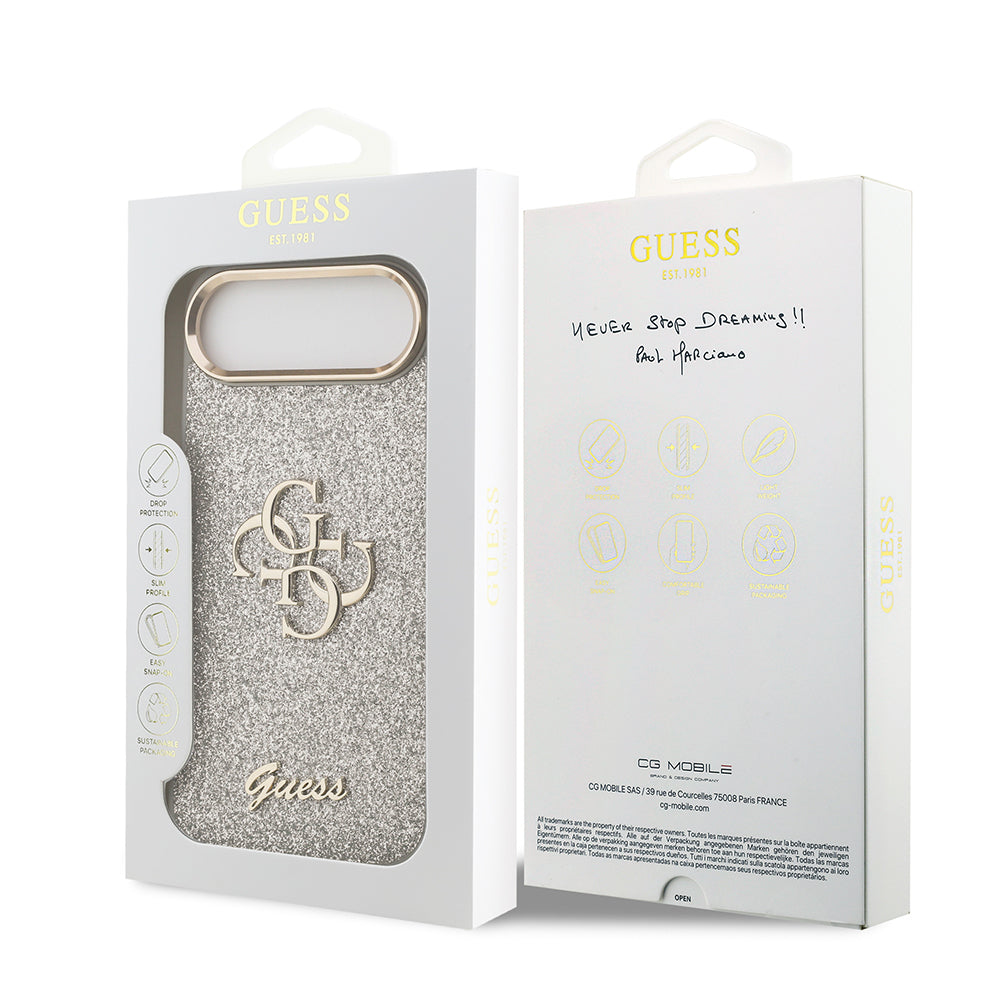 Apple iPhone 17 Air Case Guess Original Licensed 4G Large Metal Camera Frame and Logo Glitter Cover Gray