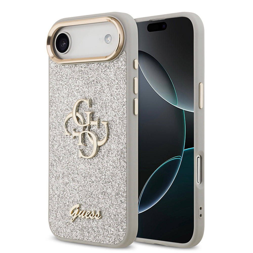 Apple iPhone 17 Air Case Guess Original Licensed 4G Large Metal Camera Frame and Logo Glitter Cover Gray