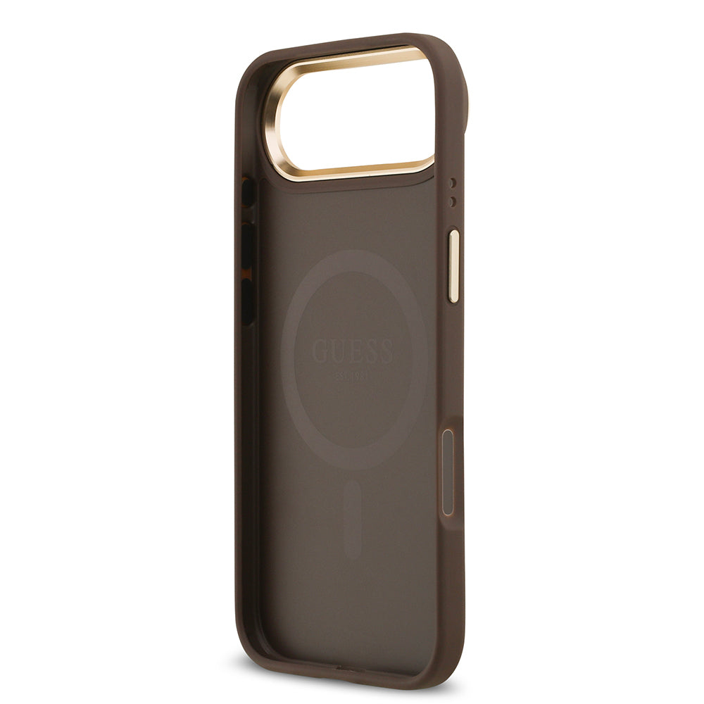 Apple iPhone 17 Air Case Guess Original Licensed M-safe Charging Feature Gold Metal Camera Frame PU Leather 4G Patterned Text Logo Cover Brown