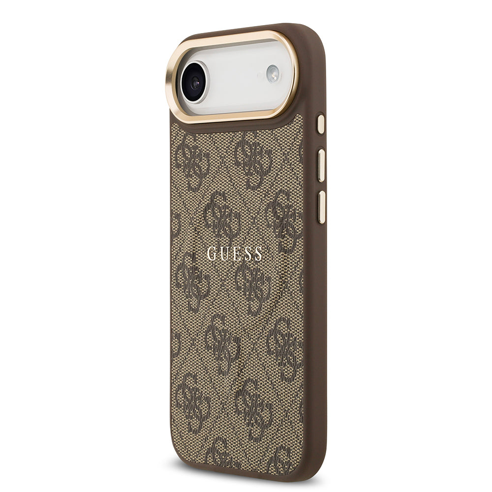 Apple iPhone 17 Air Case Guess Original Licensed M-safe Charging Feature Gold Metal Camera Frame PU Leather 4G Patterned Text Logo Cover Brown