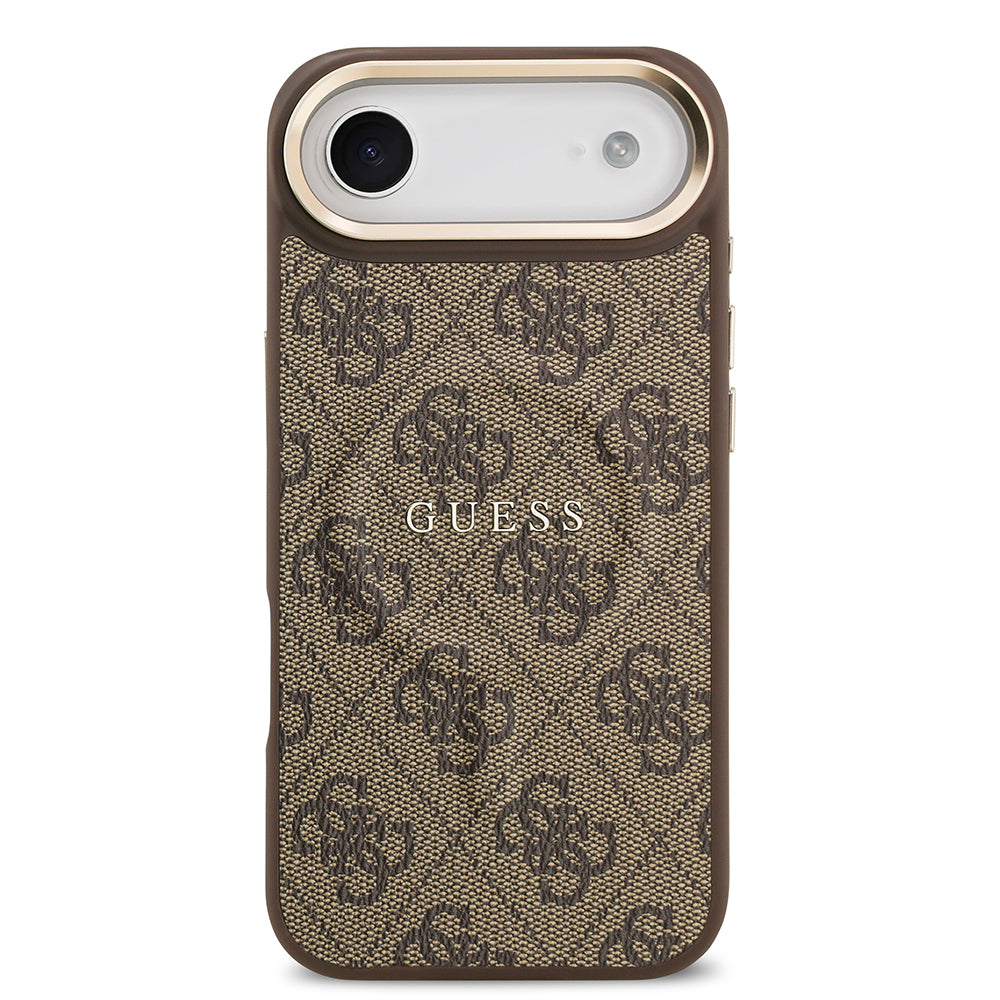 Apple iPhone 17 Air Kılıf Guess Orjinal Lisanslı M-safe Şarj Özellikli Gold Metal Kamera Çerçeveli PU Deri 4G Desenli Yazı Logolu Kapak Siyah